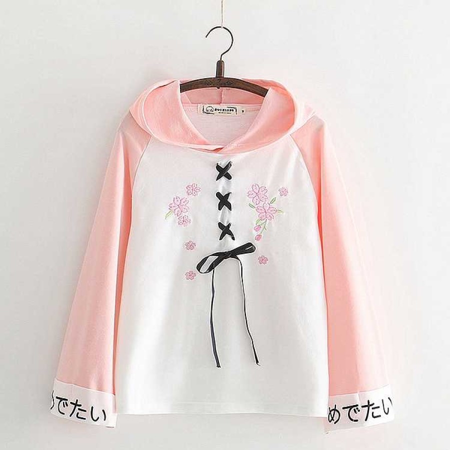 Clothing Kawaii Therapy | Kawaii Cherry Blossom Embroidery Hoodie Limited Edition