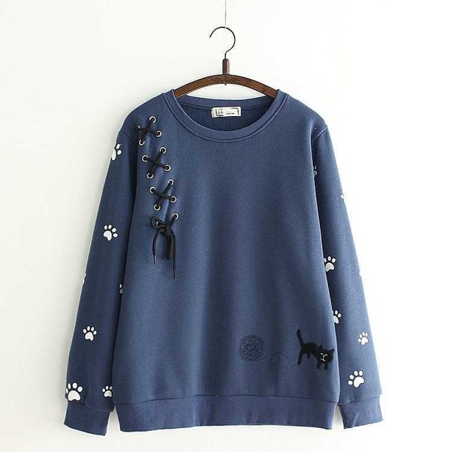 Clothing Kawaii Therapy | Kawaii Japanese Cat Embroidered Sweatshirt Limited Edition