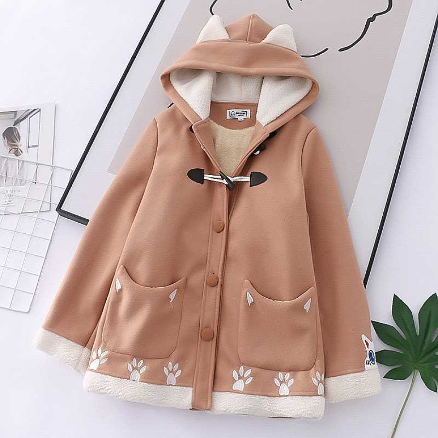 Clothing Kawaii Therapy | Kawaii Harajuku Cats Autumn Coat Special Edition Khaki