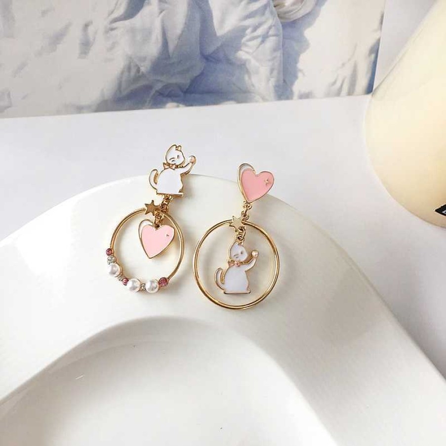 Accessories Kawaii Therapy | Kawaii Cat Hearts Pearly Earrings Limited Edition