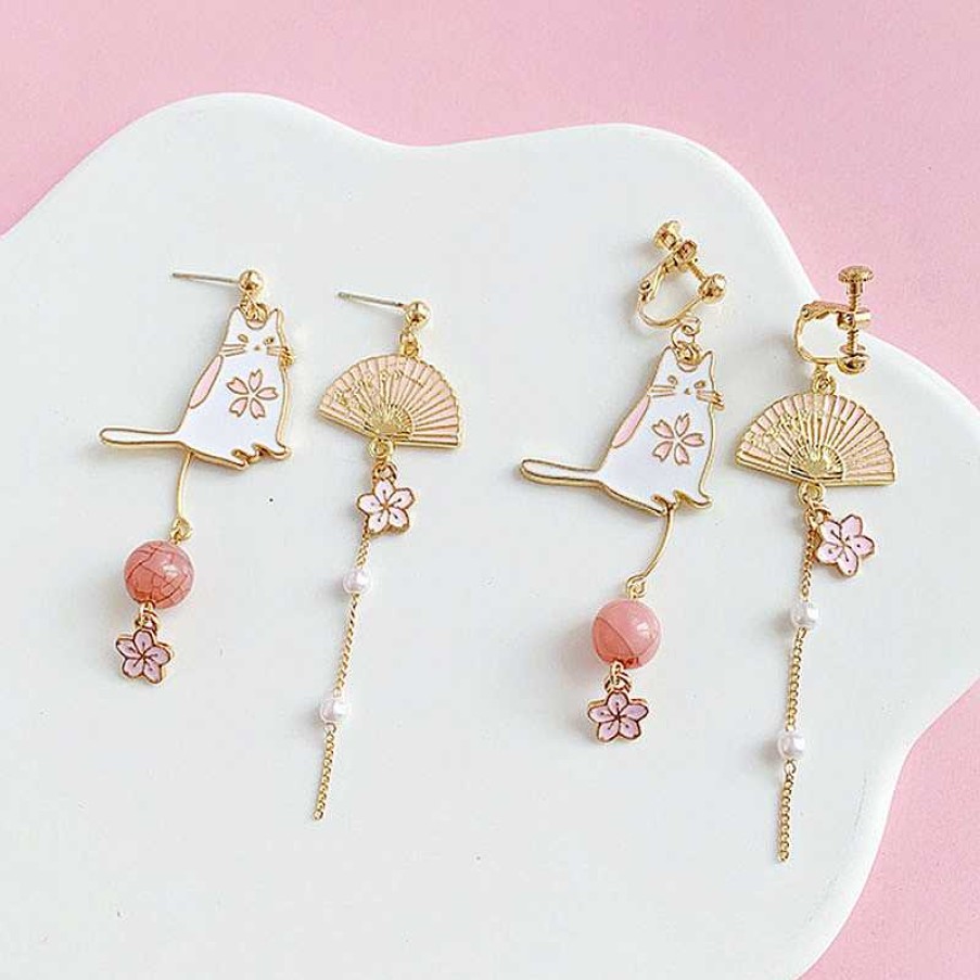 Accessories Kawaii Therapy | Kawaii Japanese Style Cat Fan Earrings Special Edition