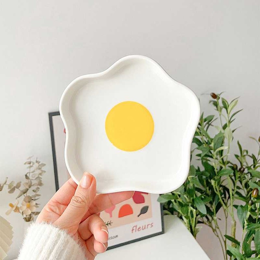 Bottles Kawaii Therapy | Kawaii Breakfast Egg Yolk Ceramic Plate Set White A