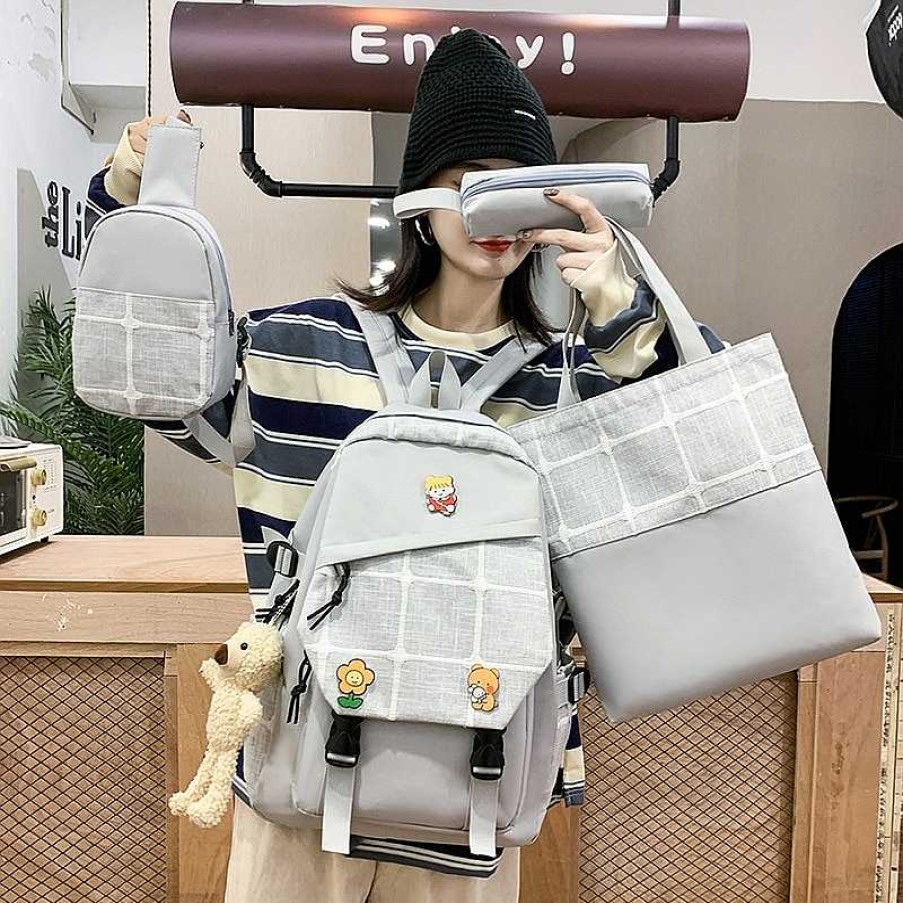 Bags Kawaii Therapy | Kawaii Korea Style Harajuku Plaid Grid Backpack Set