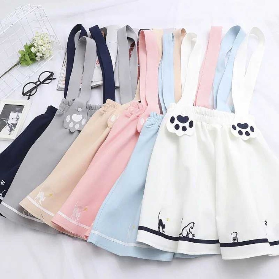 Clothing Kawaii Therapy | Kawaii Cat Paw Chiffon Strap Skirt