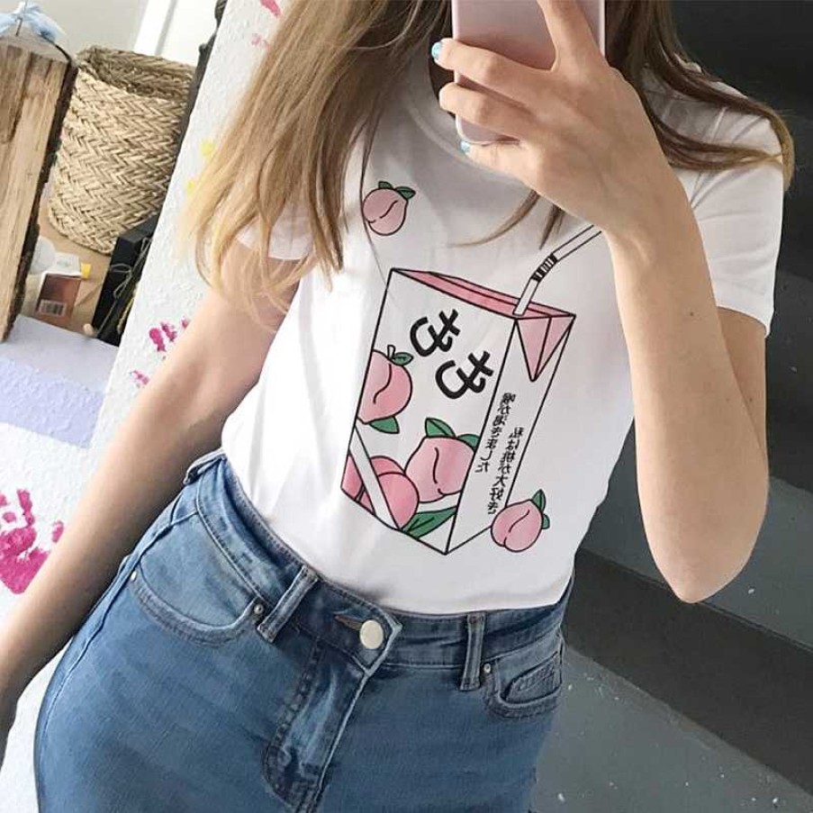 Clothing Kawaii Therapy | Kawaii Momo Peach Harajuku Shirt White