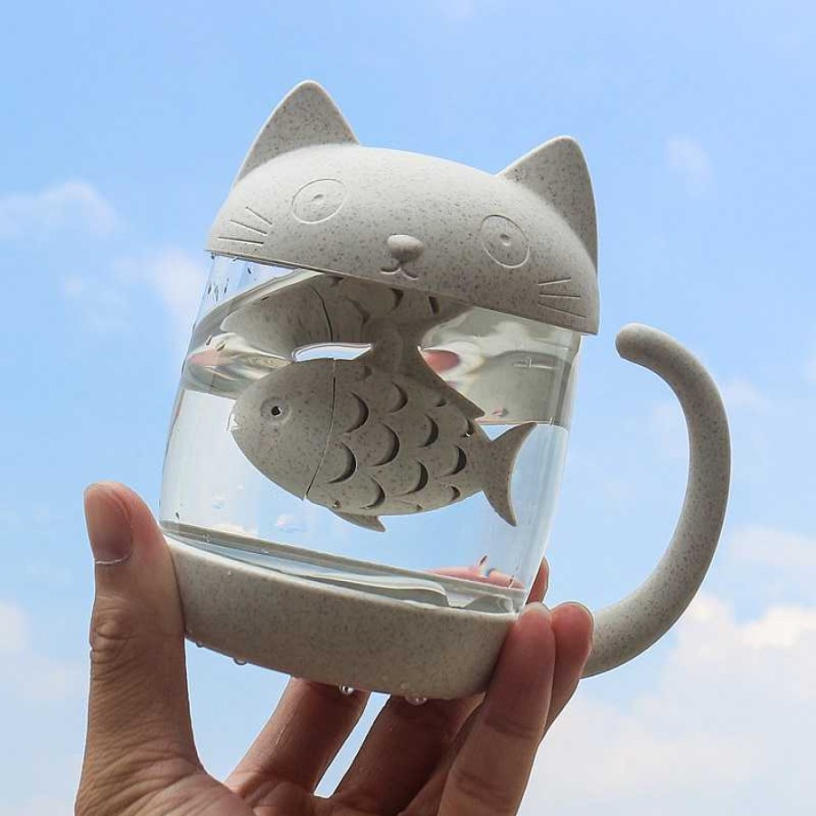 Bottles Kawaii Therapy | Kawaii Cat Glass Tea Mug (250Ml) Fish