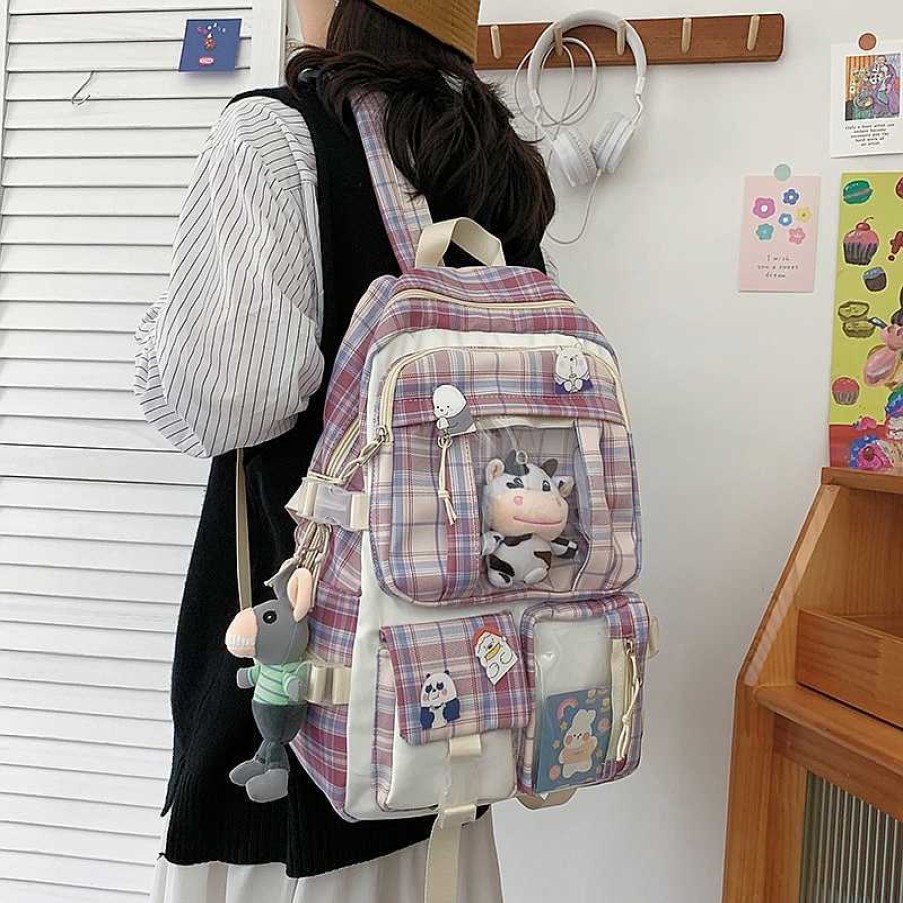 Bags Kawaii Therapy | Kawaii Korea Style Canvas Plaid Backpack Limited Edition