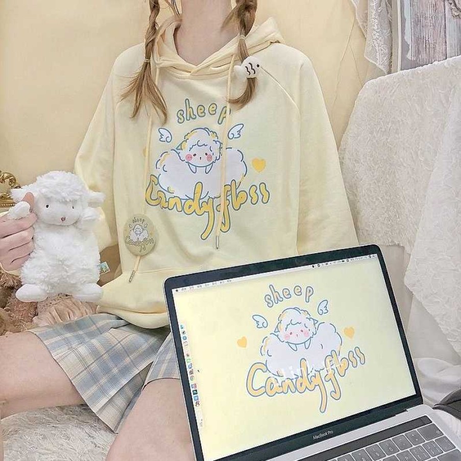 Clothing Kawaii Therapy | Kawaii Candy Floss Pastel Sheep Hoodie Special Edition Yellow