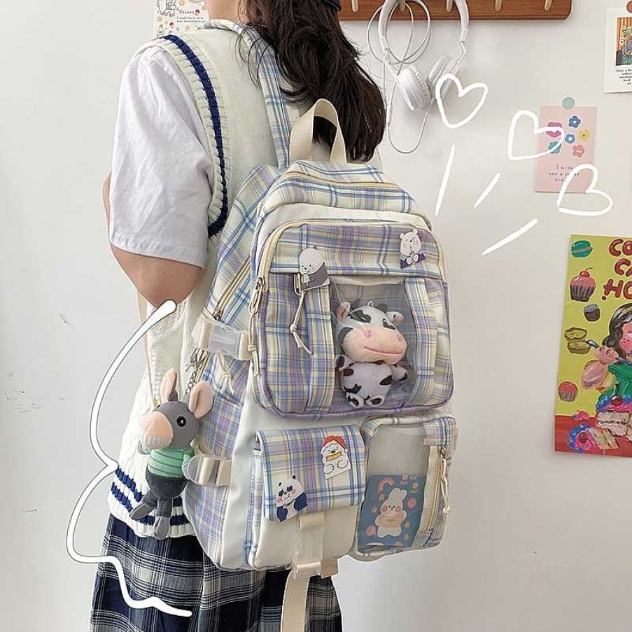 Bags Kawaii Therapy | Kawaii Korea Style Canvas Plaid Backpack Limited Edition