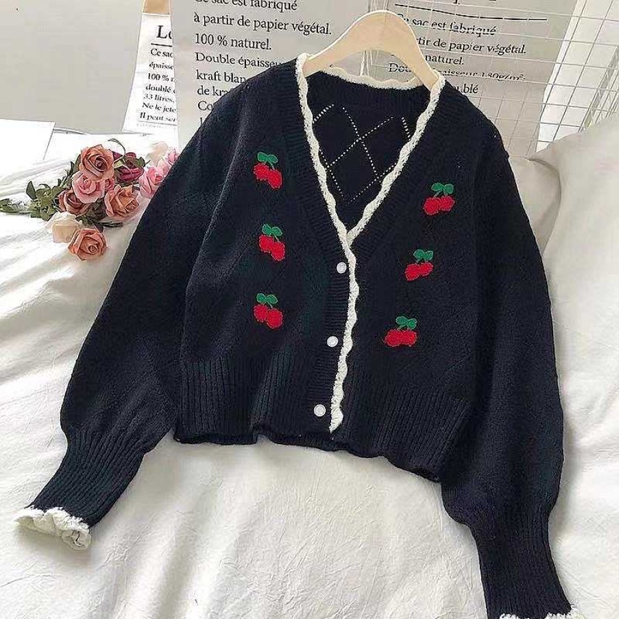 Clothing Kawaii Therapy | Kawaii Korea Style Cherry Embroidery Sweater