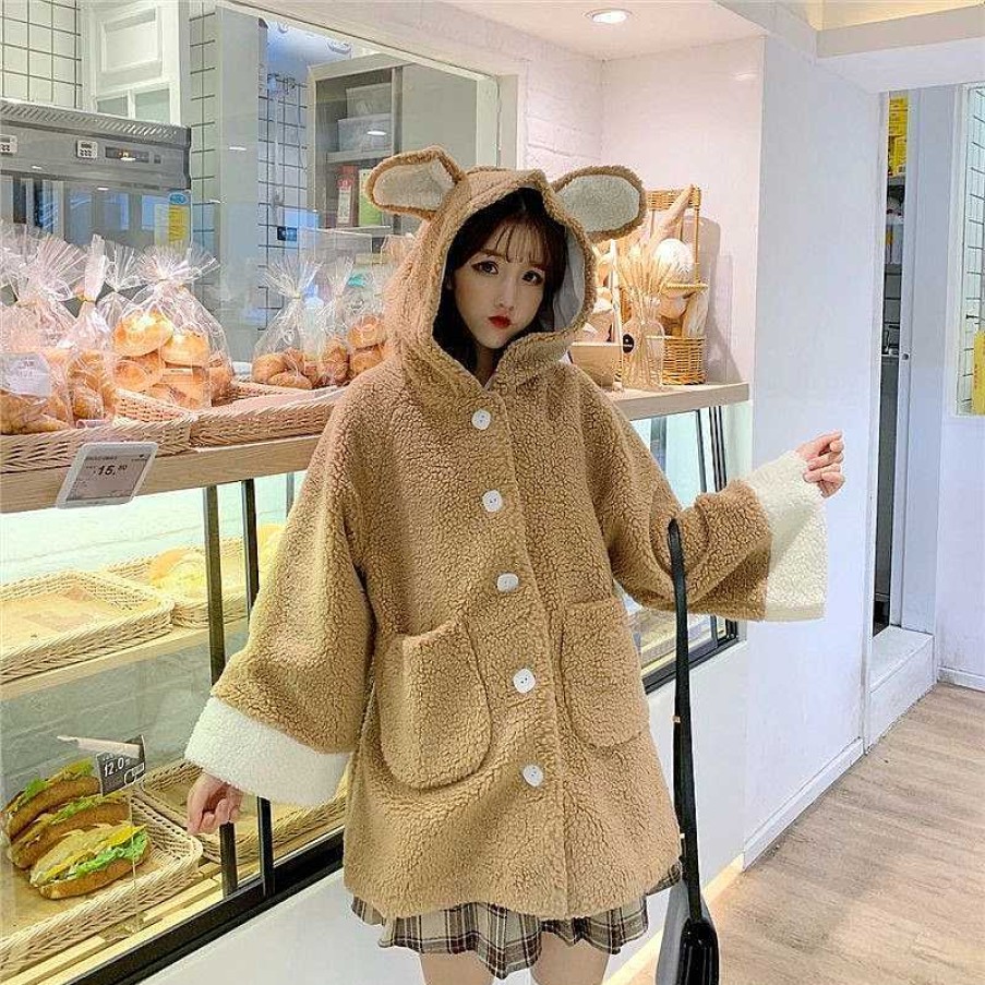 Clothing Kawaii Therapy | Kawaii Bear Ears Harajuku Style Cloak Limited Edition Khaki