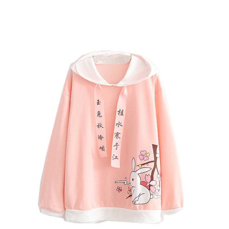 Clothing Kawaii Therapy | Kawaii Bunny Rabbit Cherry Blossom Hoodie Pink Tops