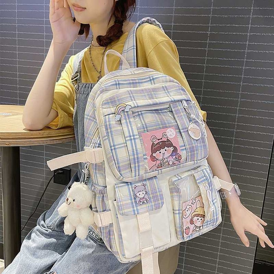 Bags Kawaii Therapy | Kawaii College Style Canvas Grid Backpack Limited Edition