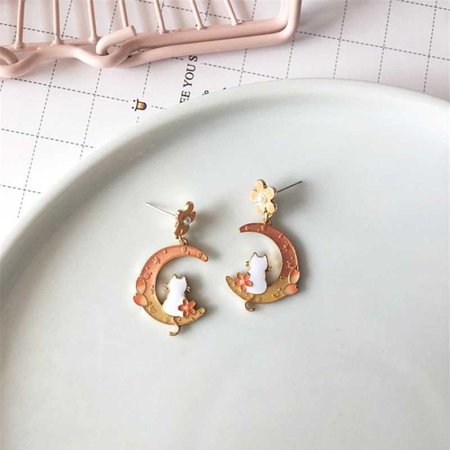 Accessories Kawaii Therapy | Kawaii Cat Moon Sakura Earrings Limited Edition