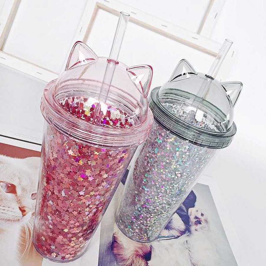 Bottles Kawaii Therapy | Kawaii Sequined Double Wall Cat Ears Bottle