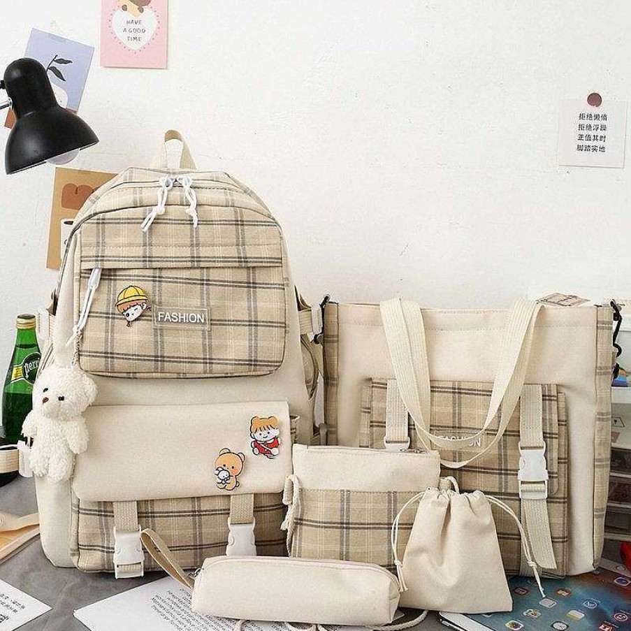 Bags Kawaii Therapy | Kawaii Harajuku Large Capacity Fashion Grid Backpack Set