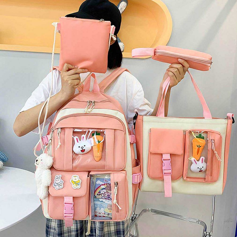 Bags Kawaii Therapy | Kawaii Korea Style Canvas Zipper Backpack Set (4Pcs)