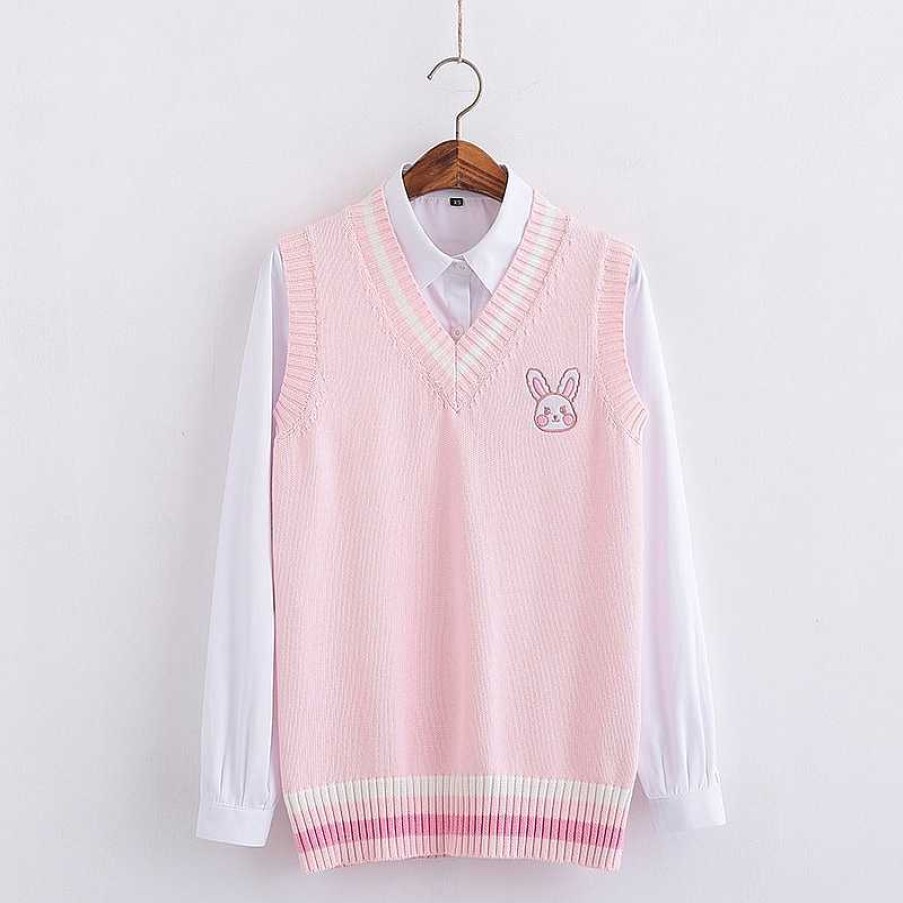 Clothing Kawaii Therapy | Kawaii Pastel Bunny Vest Sweater Pink