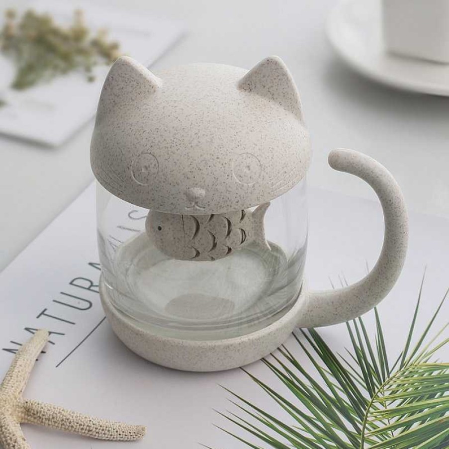 Bottles Kawaii Therapy | Kawaii Cat Glass Tea Mug (250Ml) Fish